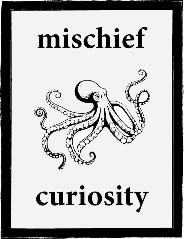 Card displaying Mischief & Curiosity Logo with an octopus